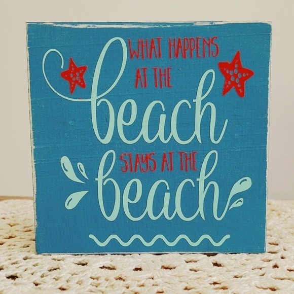 Handmade Tiered Tray Decor/Mini Wood Sign/What Happens at the Beach Home Decor - Picture 1 of 1